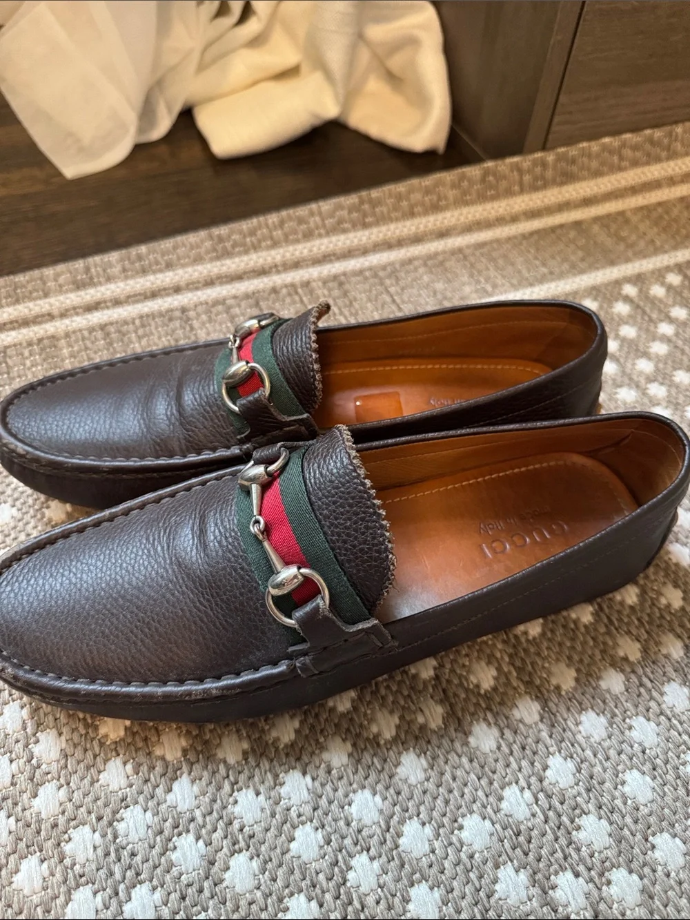 Gucci Men’s Brown Leather Horsebit Driving Loafers Green-Red US 9/ UK GUCCI 8